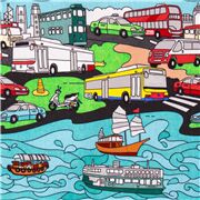 Tela con transportes de Hong Kong estilo cómic dibujos de colores