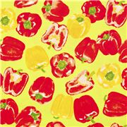 Tissu japonais vert avec des poivrons rouges et jaunes capsicum qui tombent