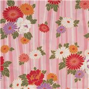 Tissu japonais texturé rose rayé à fleurs rouges violettes pour kimonos