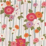 Tissu japonais texturé blanc rayé à fleurs rouges violettes pour kimonos