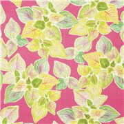 Tissu en coton rose avec des feuilles de jardin dans les tons verts