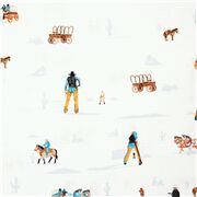 Tissu coton bleu clair thème du western cowboy, diligences High Noon