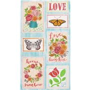 Tissu bleu à panneaux lettres LOVE fleurs papillons timbres amour