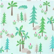 Tissu en coton bleu avec différentes sortes d'arbres feuillage nature