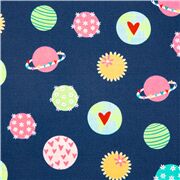 Tissu en coton bleu marine, espace, planètes multicolores