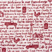 Tissu crème textes rouges, tracteurs, lait, coq, ferme