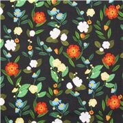 tessuto grigio scuro fiori arancioni foglie verdi Ritagli