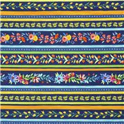 Blauer Baumwollstoff mit bunten Blumenstreifen
