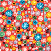 Tissu en coton rouge avec des petits boutons multicolores variés