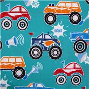 Tissu coton bleu sarcelle véhicules monster trucks multicolores
