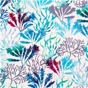 Tissu blanc en coton avec des feuilles bleues nature algues