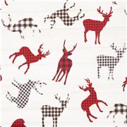 Tissu de Noël minky polyester écru cerfs carreaux rouges