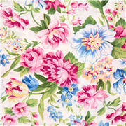 Tissu en linon de coton fleurs roses et bleues mélangées, tulipes, dahlias