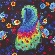 Tela negra con pavos reales plumaje y flores multicolores
