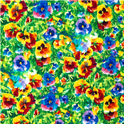 Tissu en coton floral avec des pensées, des fleurs colorées, des feuillages verts, tissu USA