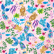 Tissu sirène rose en coton arc-en-ciel poisson feuillage USA