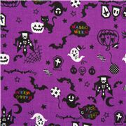 Tissu d'Halloween rose-violet, crânes de chats noirs, citrouilles, fantômes