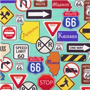 Türkisfarbener Baumwollstoff mit Schildern der USA mit Route 66-Reisen