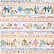 Tissu à rayures avec des licornes arc-en-ciel et des mots d'amour