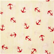 Tissu marin en coton crème avec des mini-ancres rouges