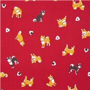 Roter Oxford-Stoff mit verstreuten Shiba-Inu-Hunden und Reisbällchen