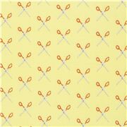 Tissu coton jaune avec des motifs simples de ciseaux rouges