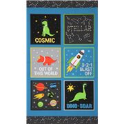 Tissu à panneaux avec des dinosaures astronautes multicolores