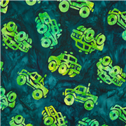 Tissu batik en coton vert foncé avec des camions monstres USA