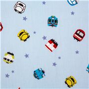 Tissu popeline bleu avec des étoiles et trains japonais Shinkansen multicolores