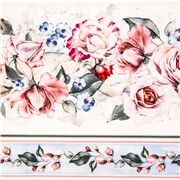 Tissu en coton à rayures rose pêche guirlande de roses