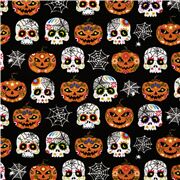 Tissu en coton noir avec des crânes en sucre, des citrouilles USA