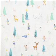 Tissu de Noël bleu clair personnages et animaux qui patinent