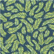 Tissu en coton bleu marine feuilles vertes, thème nature