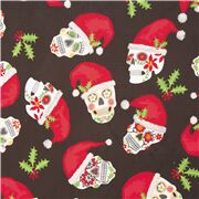 Tissu polyester crânes en sucre rouges-blanc branches houx