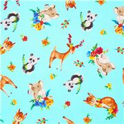 Tissu en coton bleu avec des animaux, des cerfs et des pandas