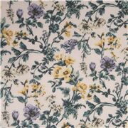 Tissu linon en coton japonais blanc avec des fleurs rétro jaunes et bleues
