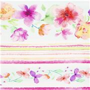 Weißer Baumwollstoff mit Aquarellblumen pink orange