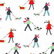Tissu blanc avec des gens promenant des chiens, des flocons de neige USA