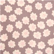 Tissu de popeline japonais taupe avec des fleurs blanches des mini pois orange