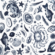 Tissu blanc avec des mollusques, des crustacés, des légumes, des crabes marins
