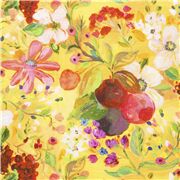 Tela amarilla de flores y frutas motivo estilo pintura