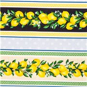 Tissu jaune citrons bleu beige vert rayé