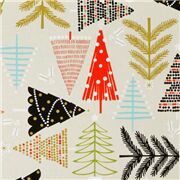 Tissu de Noël Alexander Henry beige avec des sapins orange, noirs