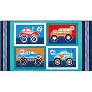 Tissu à panneaux coton bleu à bordures monster trucks gros pneus