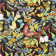 Tela algodón mariposas de colores y hojas sobre fondo negro