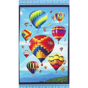 Tissu en coton noir à panneaux avec des montgolfières multicolores sur un ciel bleu