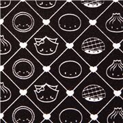 Tissu en coton noir grille en losanges, boulettes souriantes