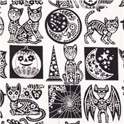 Tissu blanc crânes lunes chats citrouilles squelettes noirs blancs pochoirs