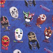 Tissu en coton bleu avec des masques de superstar luchadorables officiels