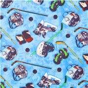 Tissu coton bleu, sports, rondelles de hockey sur glace, bâtons, gants, patins